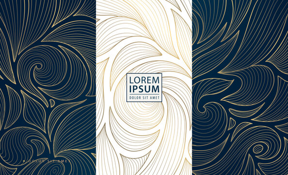 Vector set of gold design flower, art deco leaves background. Luxury wine, beauty, chocolate labels, perfume, cosmetic cards, vip wedding invitations.