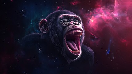 Obraz premium Powerful Roaring Gorilla with Fiery Nebula and Starry Sky Illustration