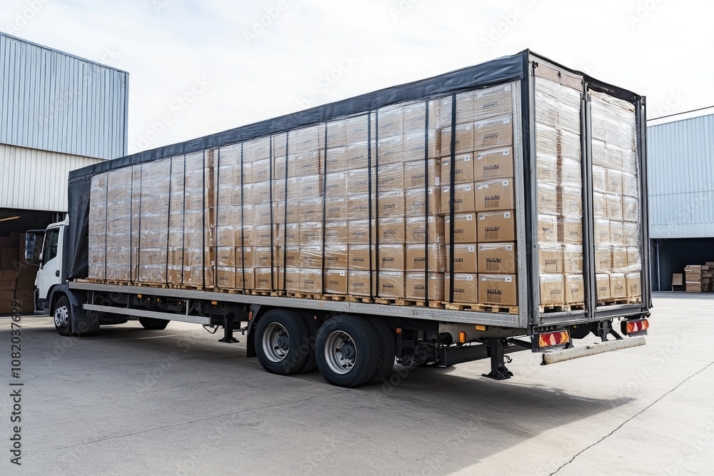 Poster a big rig loaded with boxes and containers