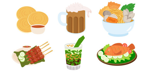 Set of various Indonesian food. Flat Vector Illustration