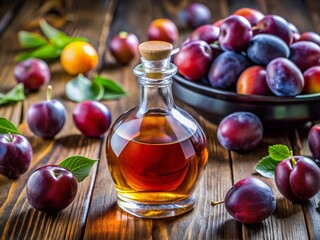 Elegant Plum Brandy Bottle on Wooden Table with Natural Light for Premium Beverage Photography and Alcohol Collection