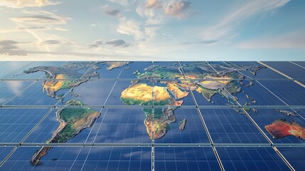 Solar panels forming world map on ocean surface, sustainable ene