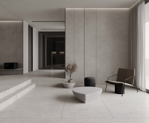 Aesthetic elegant minimalist modern interior design. Clear mock up empty wall for decoration in the apartment. Copy space in the room. Neutral palette of natural colors.