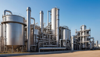 Obraz premium Chemical Plant with Tanks and Pipes - Complex infrastructure of a processing plant. Suitable for marketing or business purposes