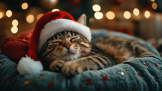 Charming Christmas Illustrations with Featuring Cozy Pet Bed With a Sleeping Cat: Cute Holiday Designs for Cards, Wallpapers, T-Shirts, Posters & Decor 