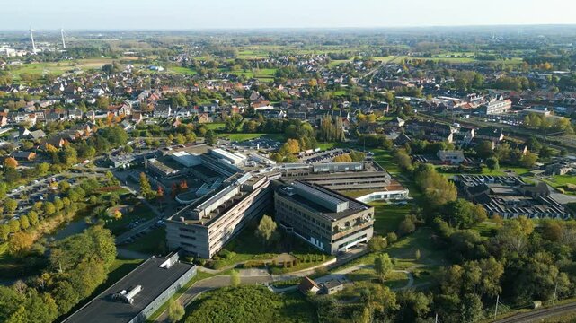 az sint blasius hospital complex extensive facilities for patient treatment healthcare services both building's architecture aerial drone panning view footage 