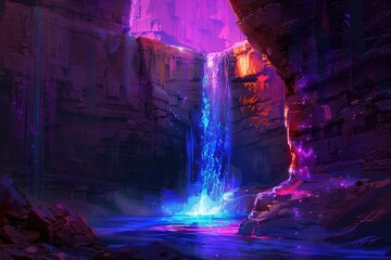 Ethereal Waterfall Glowing in a Mystical Cave