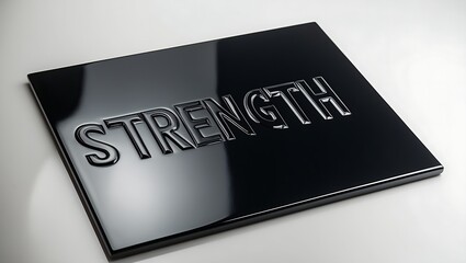 The word "strength" embossed on a black surface with a reflective finish.