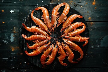 Fresh shrimp on a wooden plate, perfect for seafood or beach-themed images