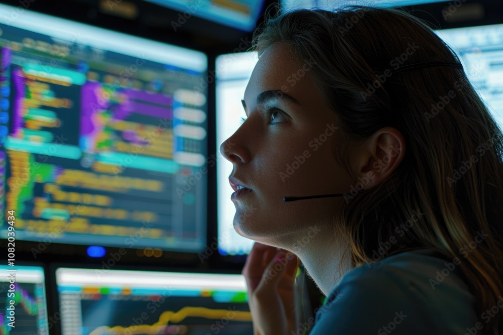 Aufkleber a woman wearing a headset sits in front of multiple computer screens, focusing on her work
