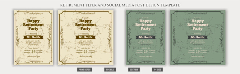 Happy Retirement poster flyer banner brochure design social media post business customize ai anniversary beach weekend vacation cmyk rgb layout bleed editable border illustrator paper templates.
