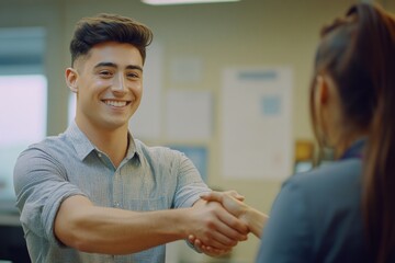 A professional handshake between two people in an office setting