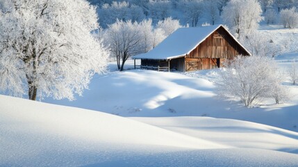 Snowy Winter Landscape with a Rustic Barn