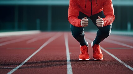 Fototapeta premium Focused Runner in Red Hoodie Prepares to Compete on Track, Capturing the Essence of Athletic Determination and Competitive Spirit