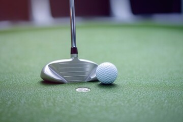 A golf club and ball placed on a well-manicured putting green, ready for a game