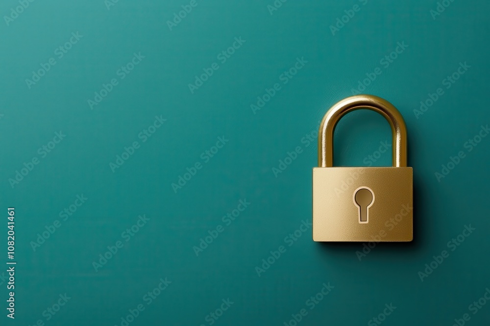 Poster quantum computing of cryptography concept. a golden padlock rests on a teal surface, symbolizing sec