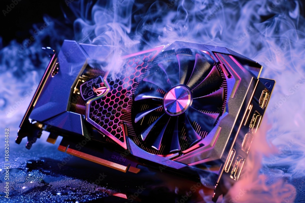 Poster A close-up shot of a video card with smoke emanating from it, ideal for use in tech-related contexts or to convey a sense of malfunction