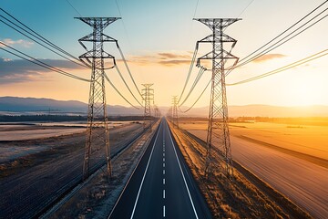 Stunning Landscape Featuring Power Lines Stretching Across Fields Under a Vibrant Sunset Sky, Capturing Nature's Beauty and Human Engineering in Harmony