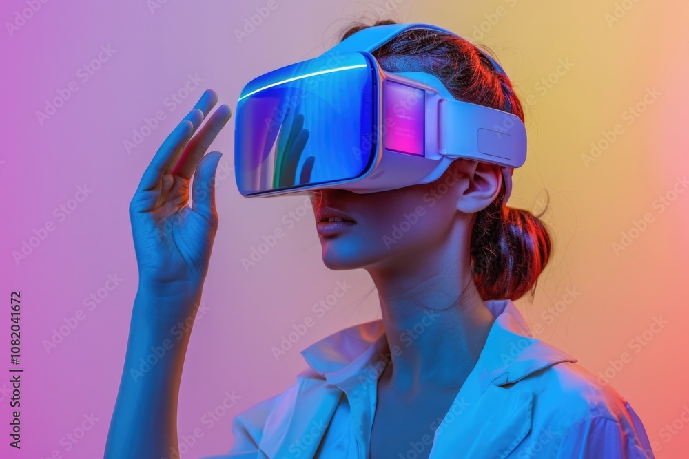 Poster a person using a virtual reality headset for entertainment or gaming, with potential uses in tech an