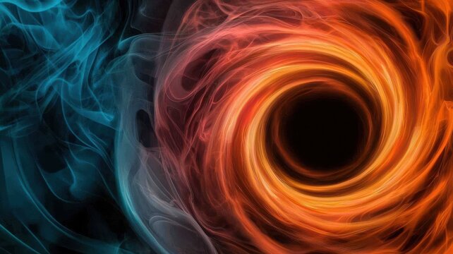 Quantum computing of cryptography concept. A vivid depiction of swirling orange and blue smoke, creating a mesmerizing spiral effect that draws the eye towards a deep black center.