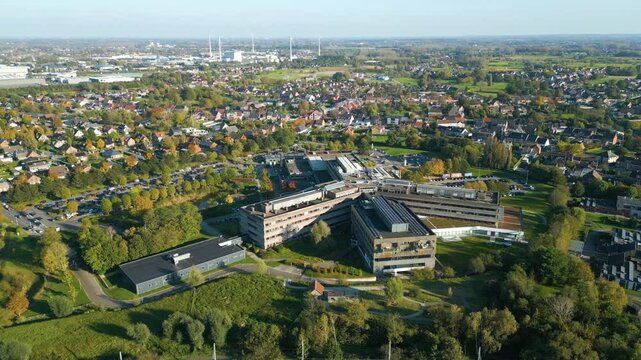 az sint blasius hospital complex illustrates patient treatment facilities healthcare services critical role aerial panning view drone footage sint-blasius dendermonde 