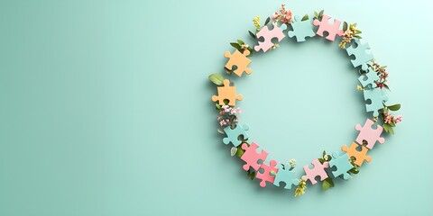 Obraz premium Colorful Puzzle Pieces Form a Vibrant Wreath Surrounded by Fresh Greenery on a Soft Pastel Background Ideal for Team Building and Collaboration Themes