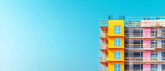 Obraz premium Vibrant Scaffolding Envelops Building Under Construction with Balanced Composition