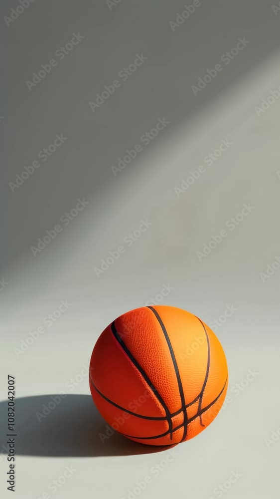 Poster orange basketball casting a long shadow on a gray surface, illuminated by a strong directional light