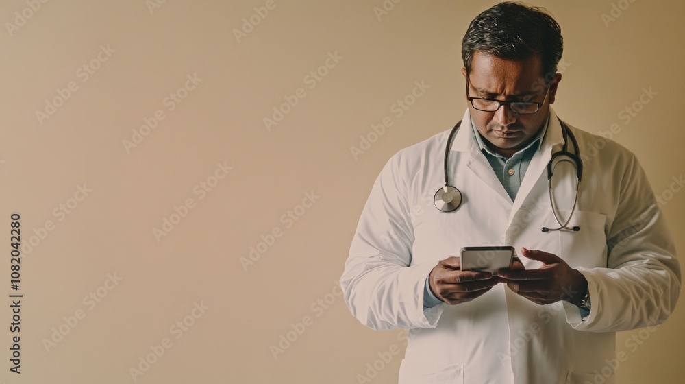 Aufkleber A person in a lab coat scrutinizes their mobile device, possibly reviewing data or checking messages