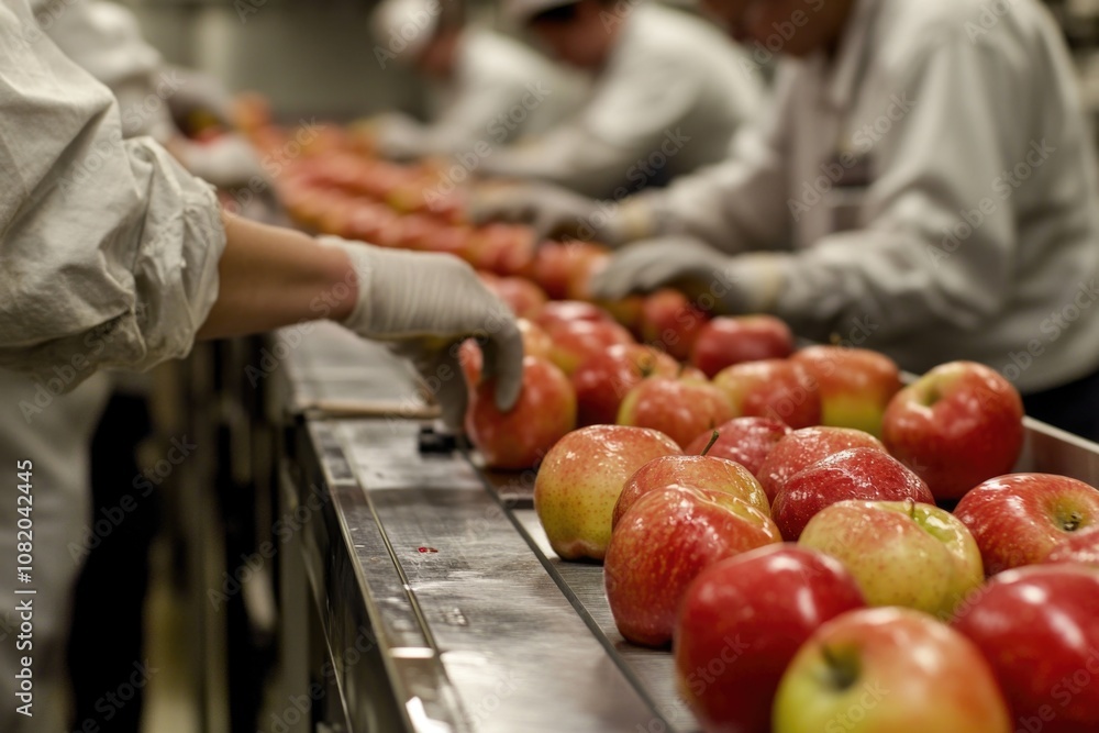 Poster Workers sorting and processing apples in a modern factory