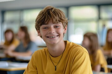 Obraz premium A young boy sits at a desk in a typical classroom setting