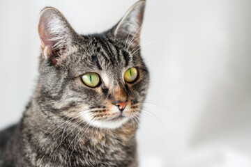 Naklejka premium A close-up photo of a domestic cat's face, featuring bright green eyes