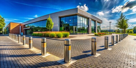 Modern German Building with Bollards, Panoramic View, Automatic Barriers
