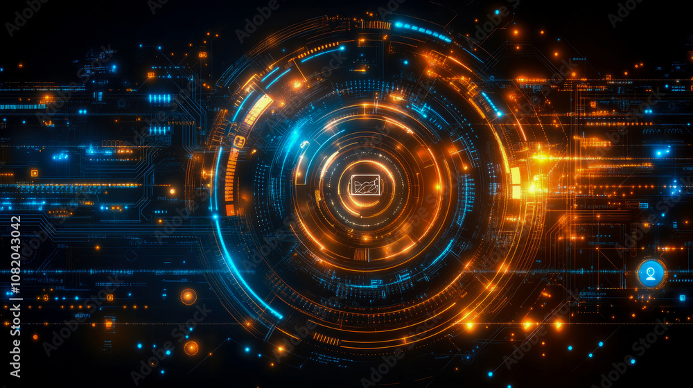 Poster a complex digital network features a swirling pattern of blue and orange circuits, showcasing the in