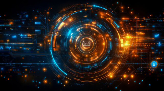 A complex digital network features a swirling pattern of blue and orange circuits, showcasing the intricacies of modern technology