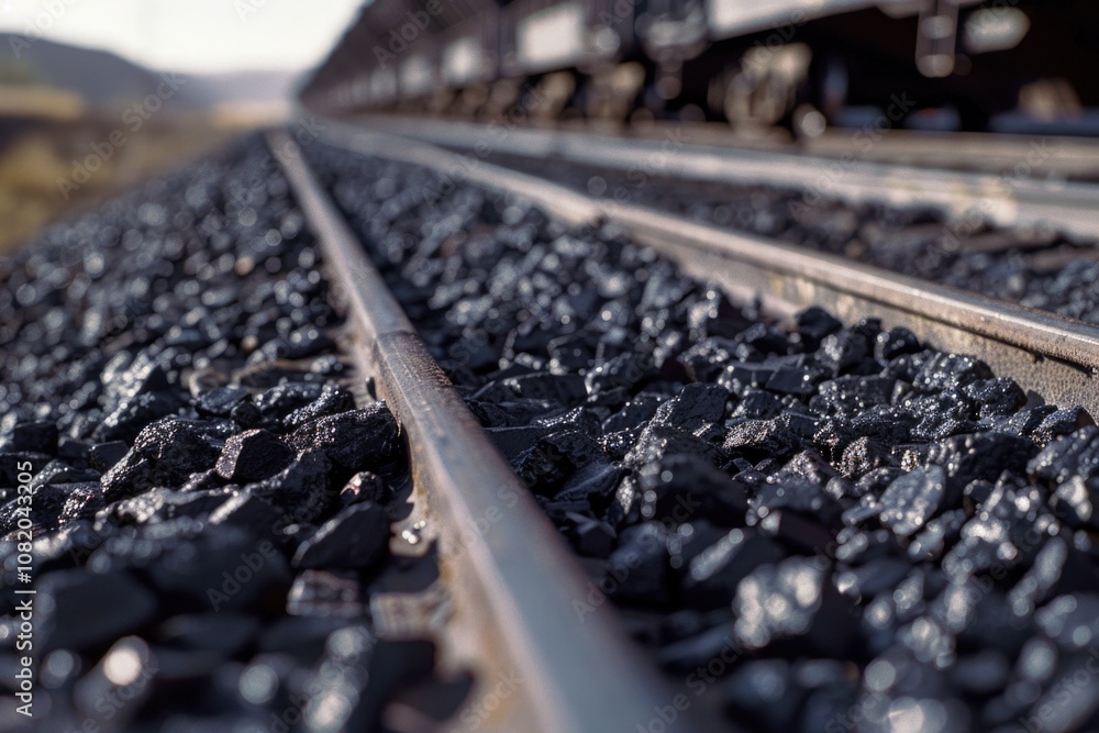 Poster a close-up view of a train track covered in rocks, perfect for use in images about transportation, i