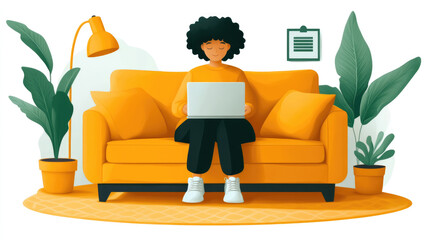 A person types on a laptop, seated comfortably on a yellow couch in a vibrant living room filled with leafy greenery