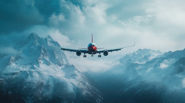 Airplane flying above a mountain range as seen from below, with the peaks framing the sky. Scenic and adventurous tone
