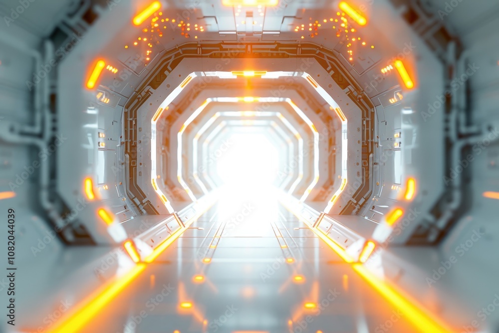 Poster a futuristic space station with a bright light at the end, ideal for illustrations about space explo