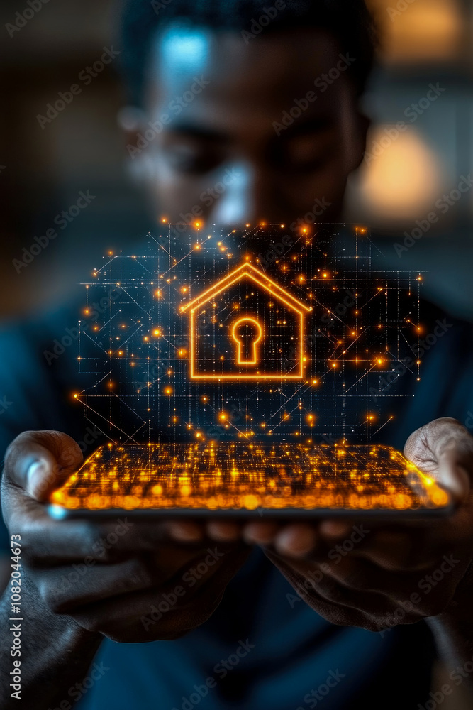 Poster a person is presenting a tablet showing a bright, glowing image of a secure home symbol, representin