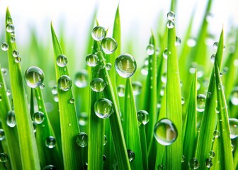 Surreal Green Grass with Water Droplets on White Background, Nature's Beauty, Macro Photography, Textures and Patterns, Freshness and Purity, Tranquil Aesthetics, Botanical Art