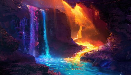 A Fantasy Cave With Blue and Yellow Waterfalls