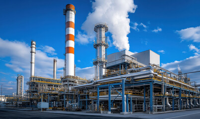 Fototapeta premium Industrial complex with tall chimneys releasing smoke into sky