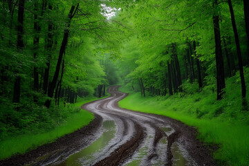 Obraz premium Dirt road or mud road and rain forest 