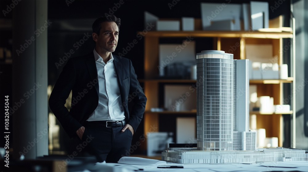 Poster a man in a suit stands in front of a model of a building