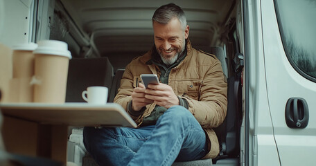 Man sipping coffee in van