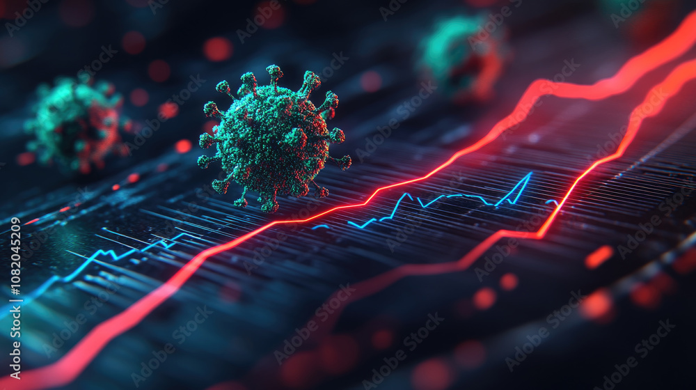 Poster data trends represent covid-19 impacts, with a striking visual of virus models set against dynamic m
