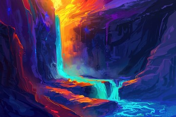 Vibrant Abstract Waterfall in a Colorful Canyon