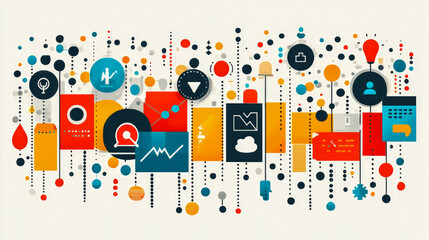 Obraz premium The digital artwork showcases a vibrant array of icons, shapes, and graphs, embodying the theme of data analysis and technology