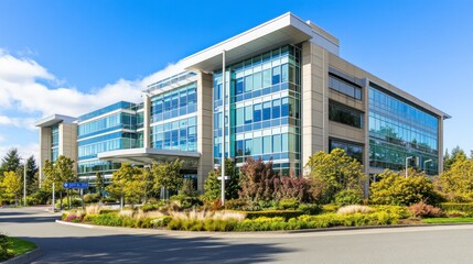 Fototapeta premium Modern Office Building with Landscaped Grounds